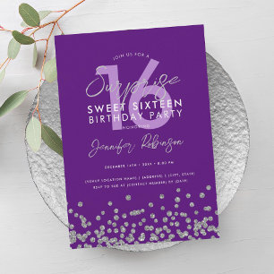Purple Silver Glitter Confetti Surprise Sweet 16 Invitation