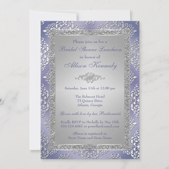 Purple, Silver Glitter Damask Bridal Shower Invite (Front)