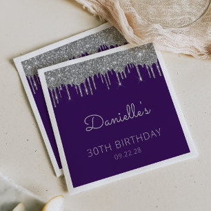 Purple Silver Glitter Drip 30th Birthday Party Napkin