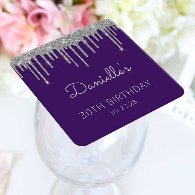 Purple Silver Glitter Drip 30th Birthday Party Square Paper Coaster (Creator Uploaded)