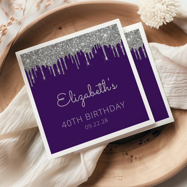Purple Silver Glitter Drip 40th Birthday Party Napkin (Creator Uploaded)
