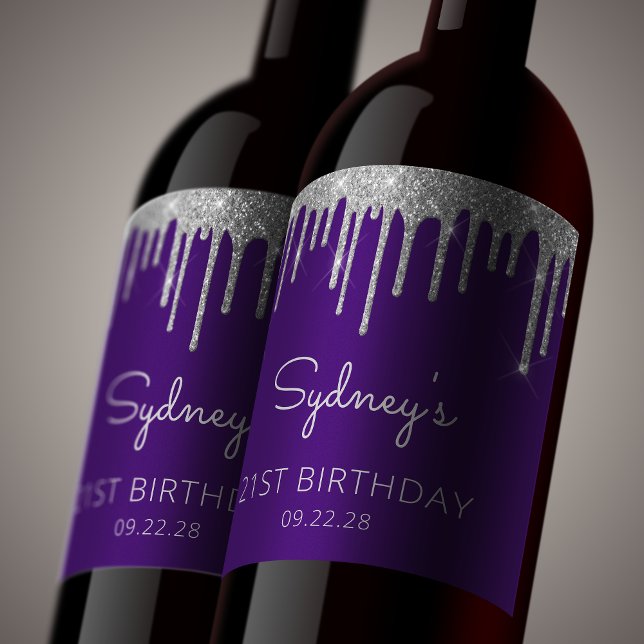 Purple Silver Glitter Drip 40th Birthday Party Sparkling Wine Label (Creator Uploaded)