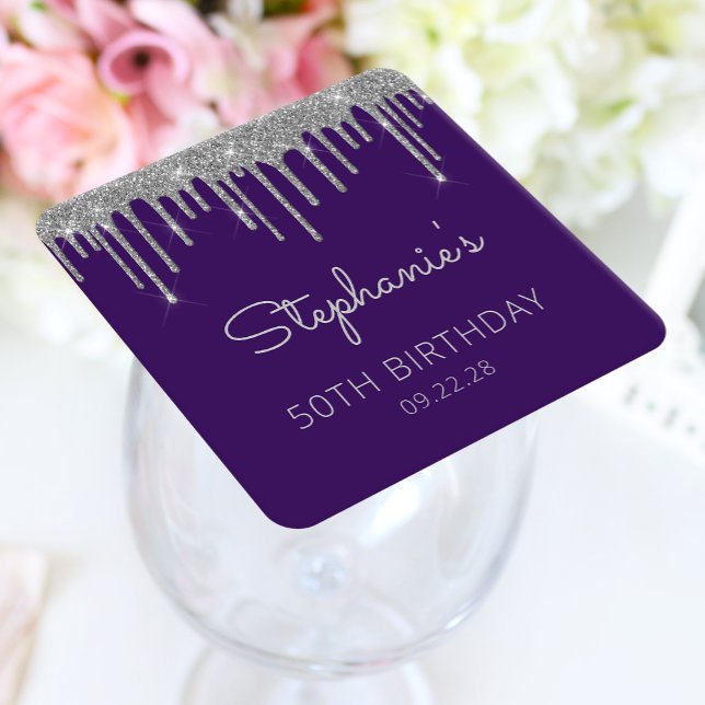 Purple Silver Glitter Drip 40th Birthday Party Square Paper Coaster (Creator Uploaded)