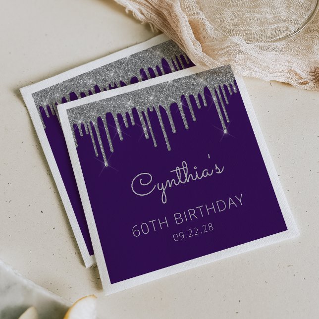 Purple Silver Glitter Drip 60th Birthday Party Napkin (Creator Uploaded)