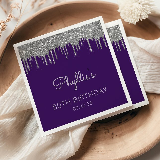 Purple Silver Glitter Drip 80th Birthday Party Napkin (Creator Uploaded)
