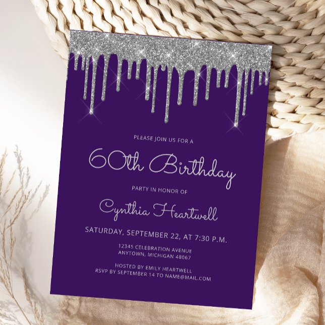 Purple Silver Glitter Drips 60th Birthday Party Postcard (Creator Uploaded)