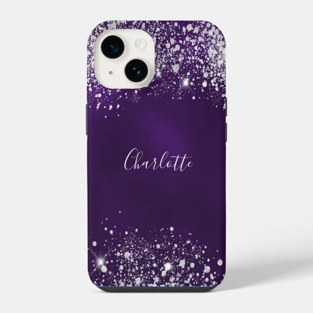 Purple silver glitter dust monogram name iPhone case (Back)