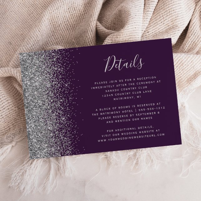 Purple Silver Glitter Edge Wedding Details Enclosure Card (Creator Uploaded)