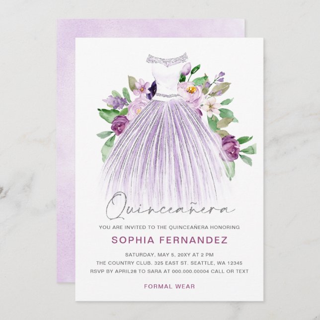 Purple Silver glitter Floral Dress Quinceañera Invitation (Front/Back)
