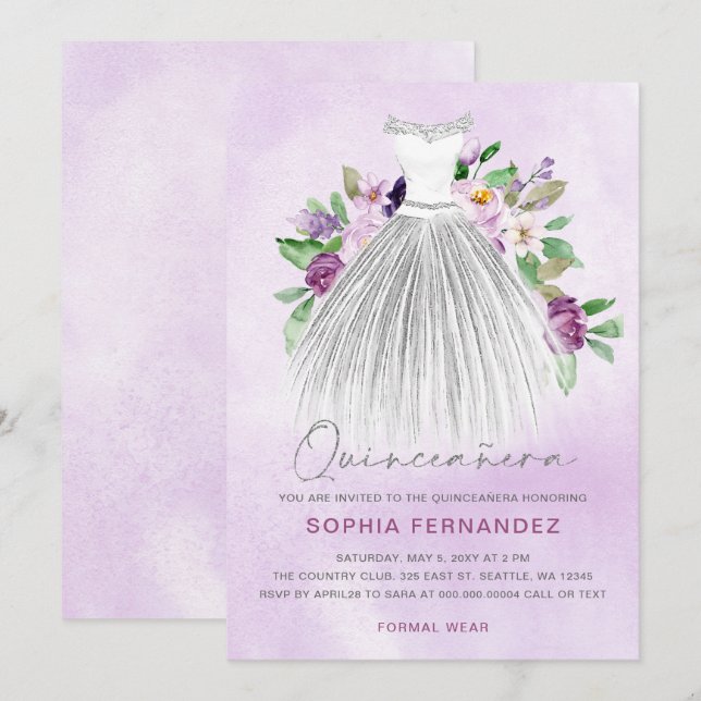 Purple Silver glitter Floral Dress Quinceañera Invitation (Front/Back)