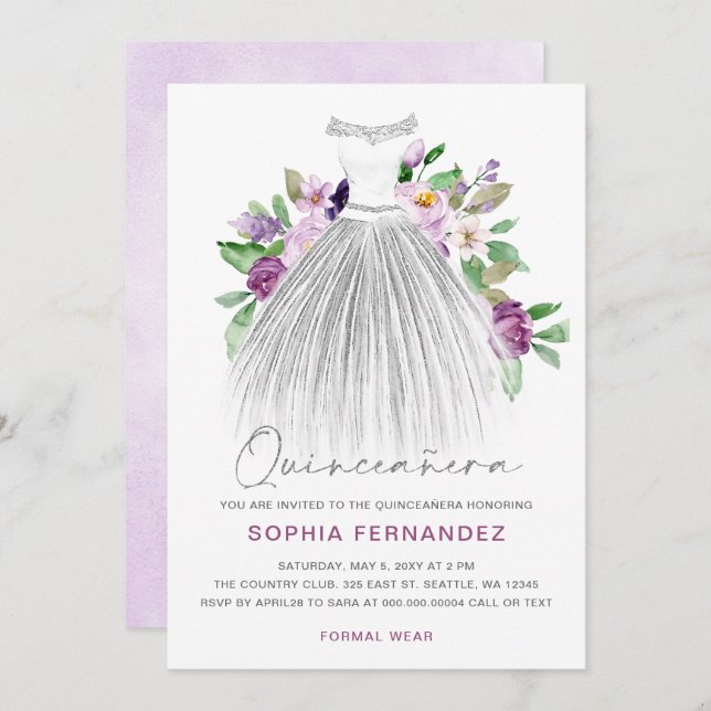 Purple Silver glitter Floral Dress Quinceañera Invitation (Front/Back)