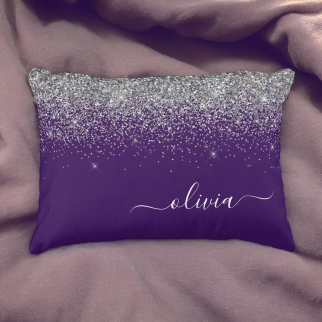 Purple Silver Glitter Girly Glam Monogram  Decorative Cushion (Creator Uploaded)