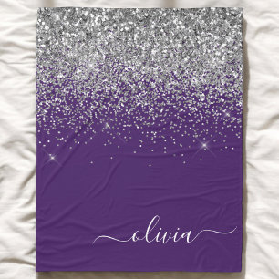 Purple Silver Glitter Girly Glam Monogram  Fleece Blanket
