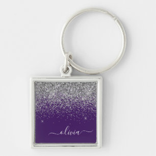 Purple Silver Glitter Girly Glam Monogram  Key Ring