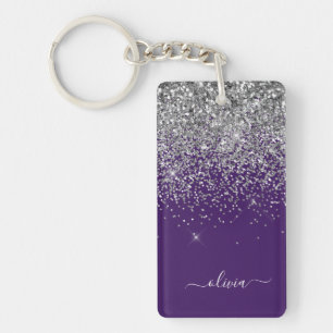 Purple Silver Glitter Girly Glam Monogram  Key Ring