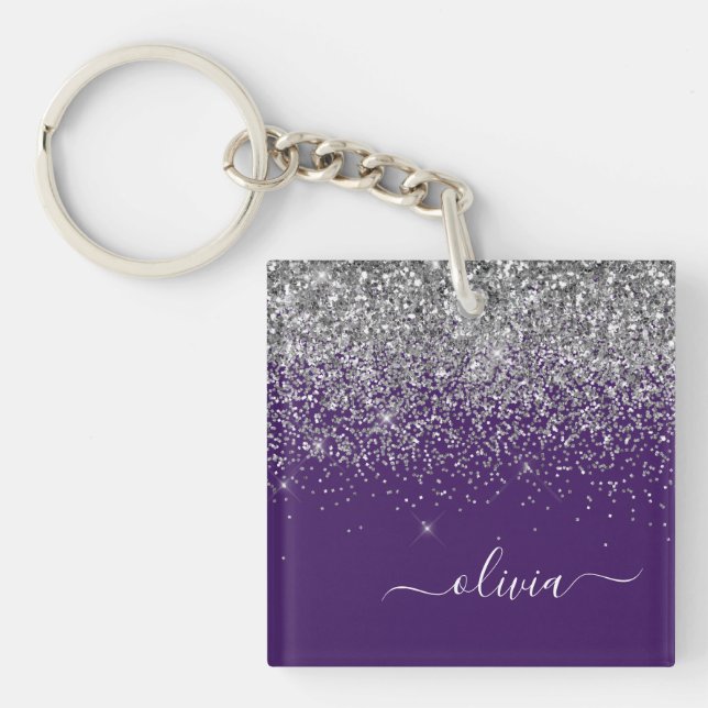 Purple Silver Glitter Girly Glam Monogram  Key Ring (Front)