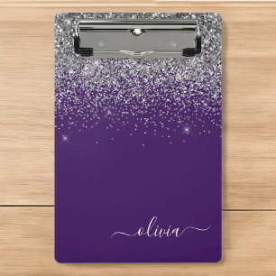 Purple Silver Glitter Girly Glam Monogram  Mini Clipboard