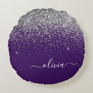 Purple Silver Glitter Girly Glam Monogram  Round Cushion