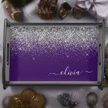 Purple Silver Glitter Girly Glam Monogram  Serving Tray<br><div class="desc">Purple and Silver Faux Sparkle Glitter Script Monogram Name Place Serving Tray. This makes the perfect graduation,  birthday,  wedding,  bridal shower,  anniversary,  baby shower or bachelorette party gift for someone that loves glam luxury and chic styles.</div>
