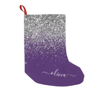 Purple Silver Glitter Girly Glam Monogram  Small Christmas Stocking