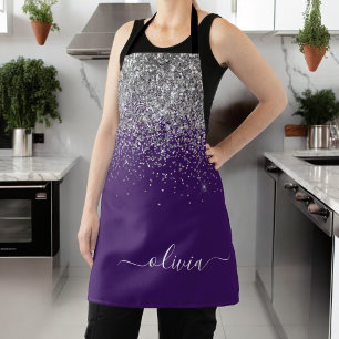 Purple Silver Glitter Girly Monogram Name Apron