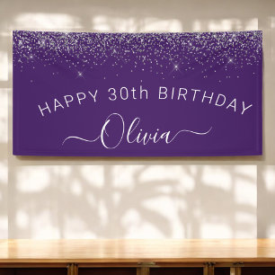 Purple Silver Glitter Girly Monogram Name Banner