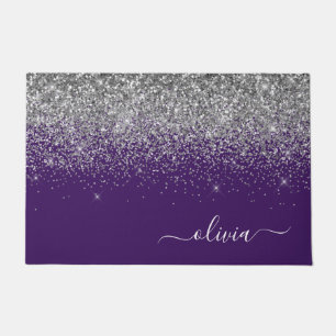 Purple Silver Glitter Girly Monogram Name Doormat