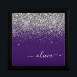 Purple Silver Glitter Girly Monogram Name Gift Box<br><div class="desc">Purple and Silver Sparkle Glitter script Monogram Name Jewellery Keepsake Box. This makes the perfect graduation,  birthday,  wedding,  bridal shower,  anniversary,  baby shower or bachelorette party gift for someone that loves glam luxury and chic styles.</div>