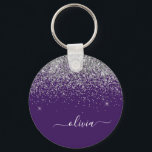 Purple Silver Glitter Girly Monogram Name Key Ring<br><div class="desc">Purple and Silver Sparkle Glitter Script Monogram Name Keychains (Key Chain). This makes the perfect sweet 16 birthday,  wedding,  bridal shower,  anniversary,  baby shower or bachelorette party gift for someone that loves glam luxury and chic styles.</div>
