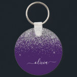 Purple Silver Glitter Girly Monogram Name Key Ring<br><div class="desc">Purple and Silver Sparkle Glitter Script Monogram Name Keychains (Key Chain). This makes the perfect sweet 16 birthday,  wedding,  bridal shower,  anniversary,  baby shower or bachelorette party gift for someone that loves glam luxury and chic styles.</div>