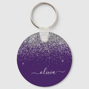 Purple Silver Glitter Girly Monogram Name Key Ring