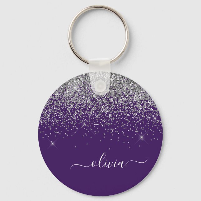 Purple Silver Glitter Girly Monogram Name Key Ring (Front)
