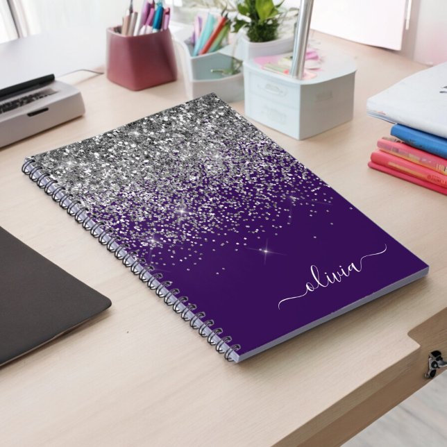 Purple Silver Glitter Girly Monogram Name Notebook (Creator Uploaded)