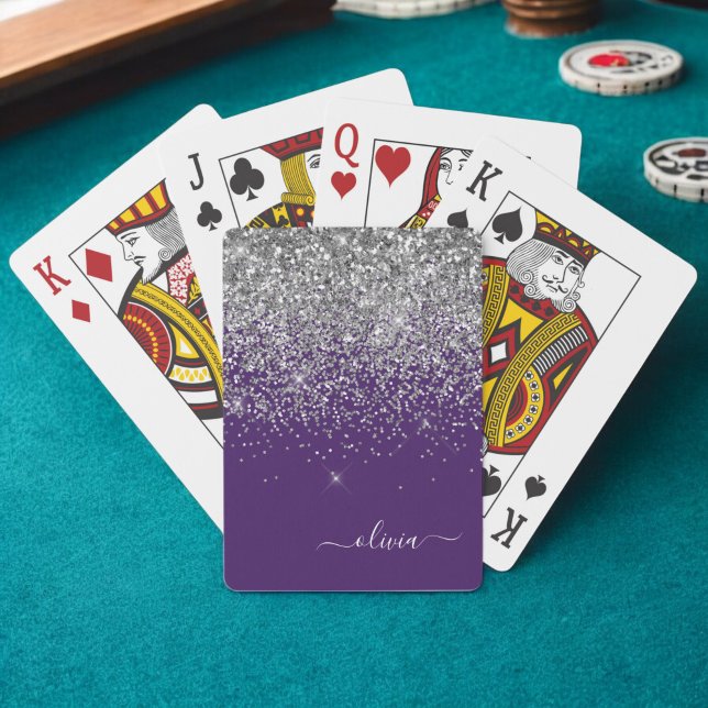Purple Silver Glitter Girly Monogram Name Playing Cards (Creator Uploaded)