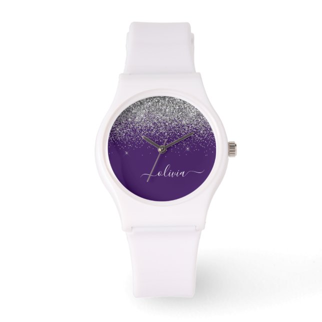 Purple Silver Glitter Girly Monogram Name Watch (Front)