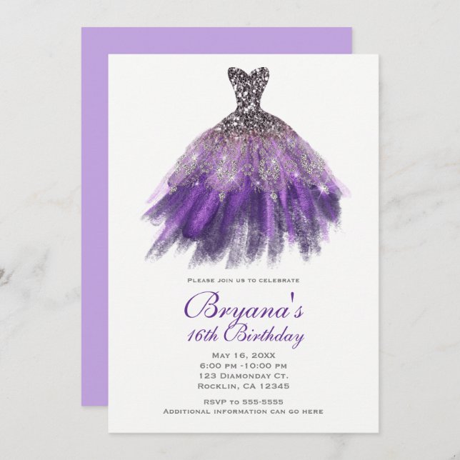Purple & Silver Glitter Glam Dress Sweet 16 Party  Invitation (Front/Back)