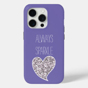 Purple Silver Glitter Heart iPhone 15 Pro Case