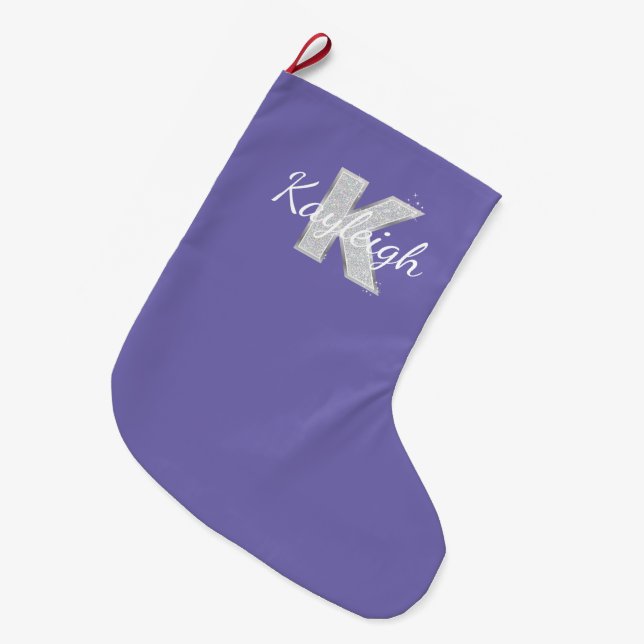 Purple Silver Glitter letter K Large Christmas Stocking (Front (Hanging))