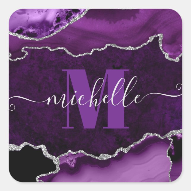 Purple & Silver Glitter Marble Agate Monogram Square Sticker (Front)