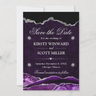 Purple Silver Glitter Marble Agate Save the Date