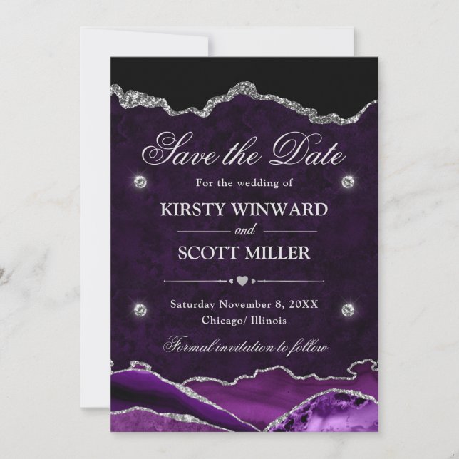 Purple & Silver Glitter Marble Agate Save the Date (Front)