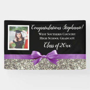 Purple Silver Glitter Photo Graduation Banner Sign
