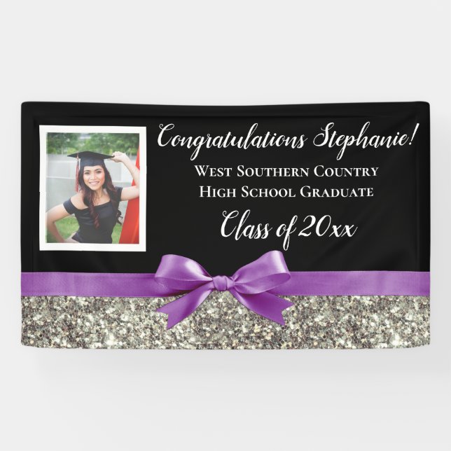 Purple Silver Glitter Photo Graduation Banner Sign (Horizontal)