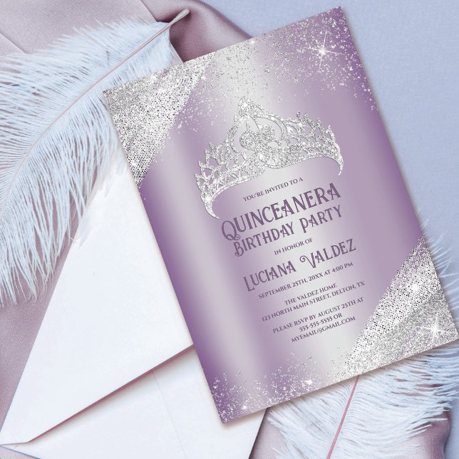Purple Silver Glitter Princess Tiara Quinceañera Invitation (Creator Uploaded)