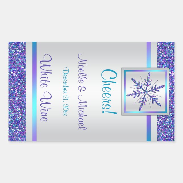 Purple Silver Glitter Snowflake Wedding Wine Label (Front)