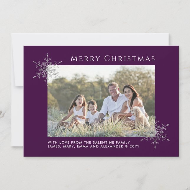 Purple Silver Glitter Snowflakes Christmas Photo Holiday Card (Front)