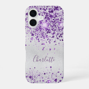 Purple silver glitter sparkles monogram name iPhone 16 case