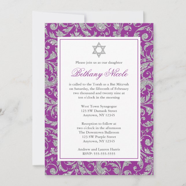 Purple Silver Glitter Swirl Damask Bat Mitzvah Invitation (Front)