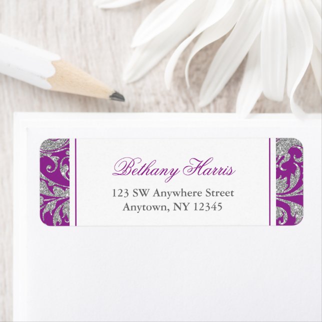 Purple Silver Glitter Swirl Damask Return Address Label (Insitu)