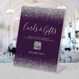 Purple Silver Glitter Wedding Cards Gifts QR Code Pedestal Sign